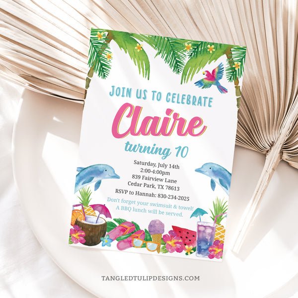 An editable Tropical Summer birthday invitation for girls with palm trees, dolphins, ice creams, pineapple, sunglasses and more! Invitation template to edit in Corjl. By Tangled Tulip Designs.