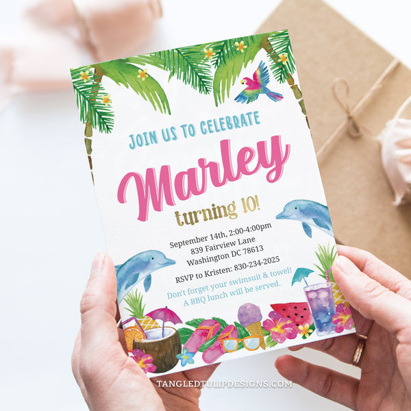 Tropical Birthday invitation for girls, with dolphins, pineapples, sunglasses. Instant Download and Editable in Corjl. By Tangled Tulip Designs.