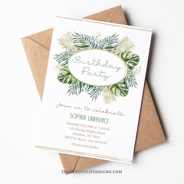 An elegant Birthday party invitation for women with watercolor tropical leaves and gold pineapple accents. Tangled Tulip Designs - Birthday Invitations