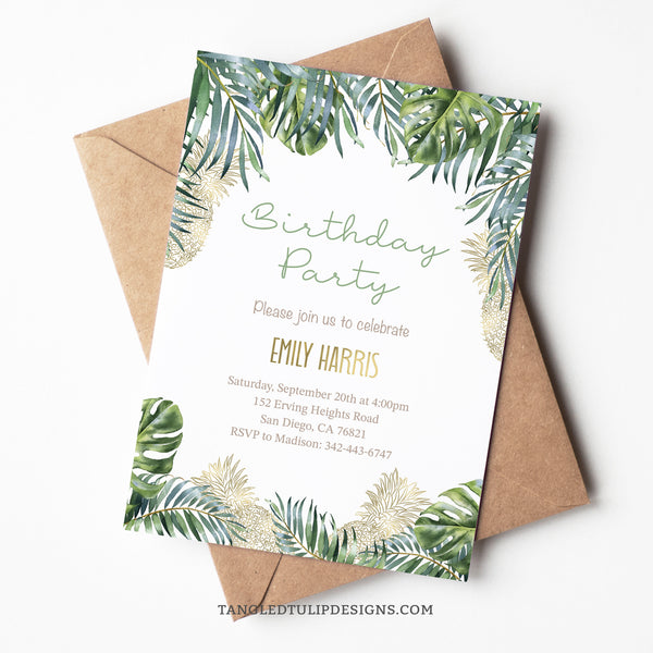 An elegant tropical Birthday party invitation for a woman, in a pretty bohemian tropical design, with watercolor tropical leaves and gold pineapple accents. Instant Download and Editable in Corjl. By Tangled Tulip Designs.