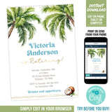 Editable Tropical Retirement Party Invitation Template, Palm Trees Coconut Retire Digital Party Invite