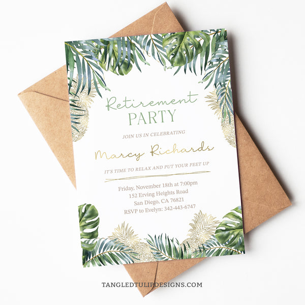Capture the essence of a tropical retreat with this retirement party invitation. Featuring vibrant tropical leaves and elegant gold pineapple accents, this editable invitation is perfect for celebrating a woman's well-deserved retirement. By Tangled Tulip Designs.