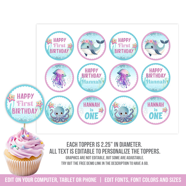 Under the Sea 1st birthday cupcake toppers, with an adorable whale and smiley jellyfish, in pretty shades of purple and blue. Perfect for a little girl's sea creature first birthday party decorations. Template to Edit in Corjl. By Tangled Tulip Designs.