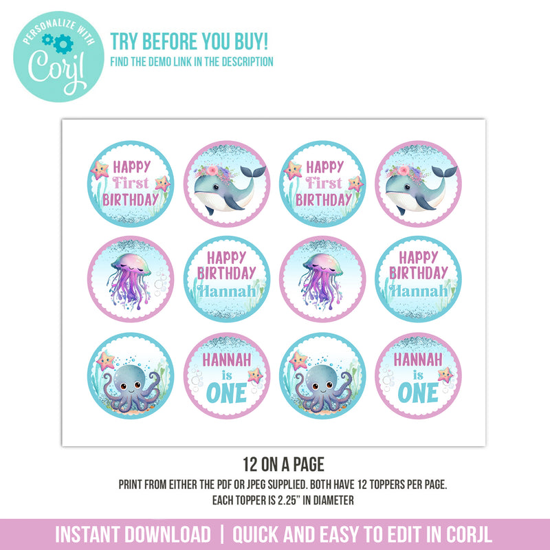 Under the Sea 1st Birthday Cupcake Toppers Template Girl Whale Starfish