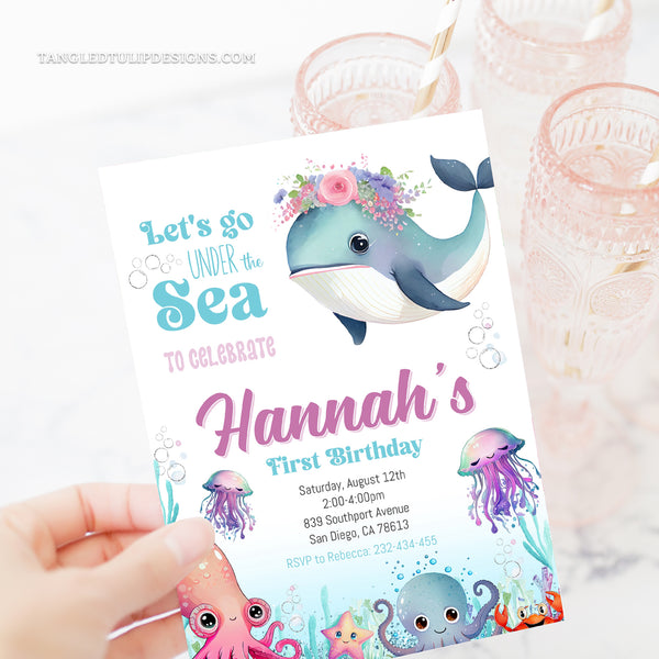 Editable Under the Sea First Birthday Invitation, with cute sea creatures such as whale, jellyfish, octopus and more. Let's Go Under the Sea to celebrate her 1st Birthday! Tangled Tulip Designs - Birthday Invitations