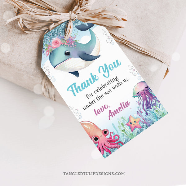 Editable Under the Sea party Thank You tags featuring a pretty whale, jellyfish and starfish in a watercolor design, with glitter accents. Go under the sea to celebrate your little one's special day! Tangled Tulip Designs - Birthday Invitations