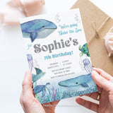 Whales Birthday invitation, featuring an enchanting Under the Sea theme! With watercolor whales and delightful sea creatures like turtles and jellyfish, all adorned with pretty glitter silver accents. Instant Download and Editable in Corjl. By Tangled Tulip Designs.