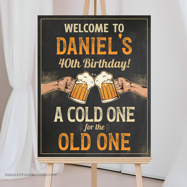 Whether it's a 40th celebration or any age milestone, this customizable welcome sign sets the perfect tone for a beer-themed party! Featuring a vintage retro design on a charming chalkboard background, it's time to have a Cold One for the Old One and raise a glass to the guest of honor!