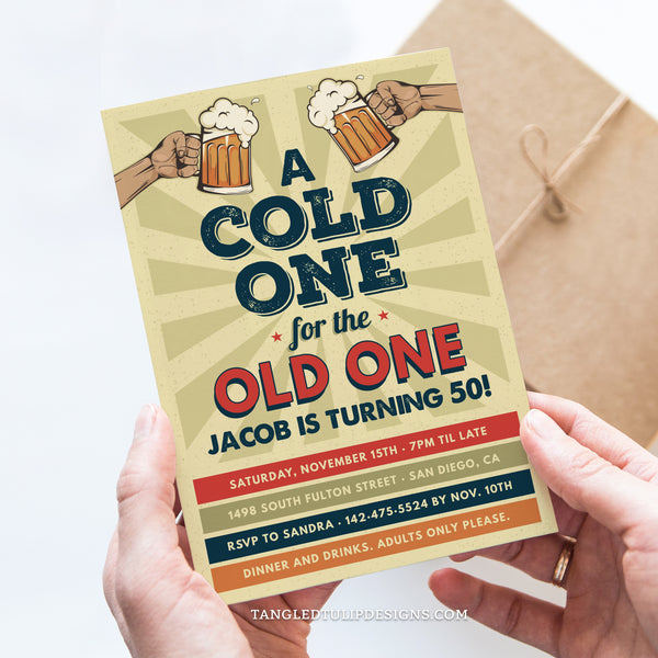 Raise a glass and have 'A Cold One for the Old One' in celebration of his birthday! This vintage retro invitation sets the perfect tone for a beer-themed bash, for a 50th birthday, or for any age! Tangled Tulip Designs - Birthday Invitations
