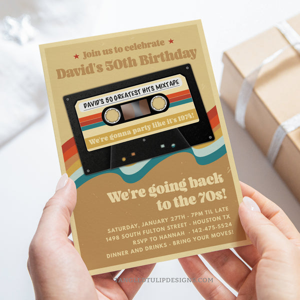A cool 70s party invitation for a 50th Birthday party. Featuring a retro cassette tape of Greatest Hits. Go Back to the 70s!  Tangled Tulip Designs - Birthday Invitations