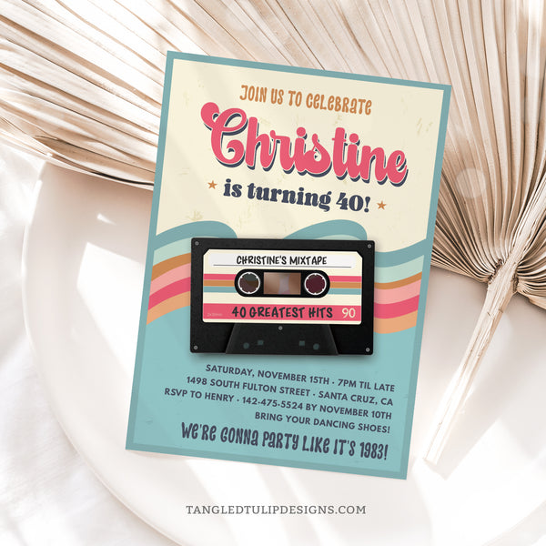40th Birthday Invitation - Celebrate with a blast from the past with this groovy Cassette Tape birthday invitation, featuring a mixtape of greatest hits. Tangled Tulip Designs - Birthday Invitations