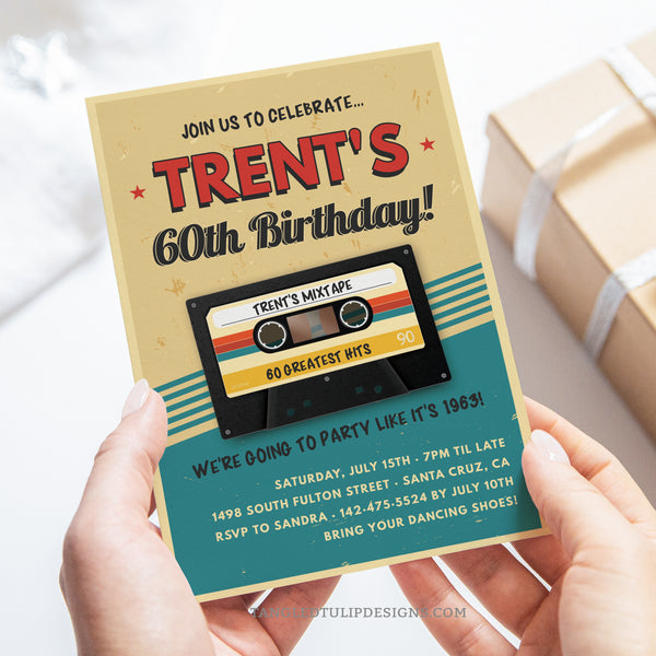 Get your groove on with this vintage Cassette Tape 60th Birthday Invitation, featuring a retro design with a mixtape of greatest hits. We're going to party like it's 1964! Suitable for any age and any year. Tangled Tulip Designs - Birthday Invitations