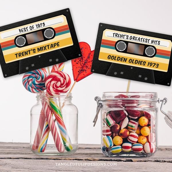 This Vintage Cassette Tape 50th Birthday card can be used as a centerpiece or topper for vintage mixtape party decorations. Suitable for any age and any year. Instant Download and Editable in Corjl. By Tangled Tulip Designs.