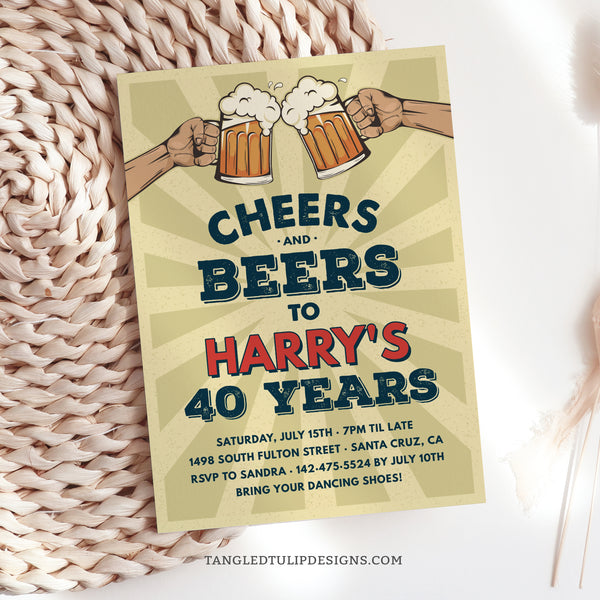 Raise your glasses for a Cheers and Beers Birthday Party Celebration! This Cheers and Beers birthday invitation embraces a cool vintage beer theme. Perfect for a 21st, 30th, 40th, or any age Birthday party. Tangled Tulip Designs - Birthday Invitations