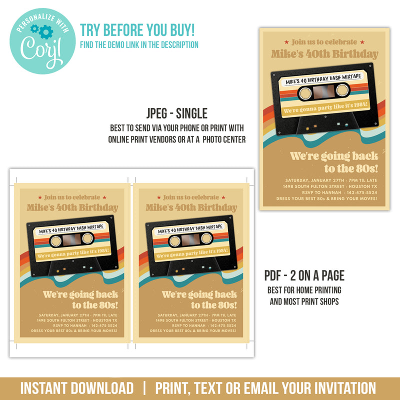 Editable 80s Party Invitation, Cassette Mixtape 40th Birthday Digital Invite for a Man