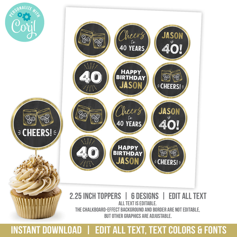 Whiskey 40th Birthday Cupcake Toppers or Slider Toppers. Custom Editable 40th Party Decorations Whiskey Theme