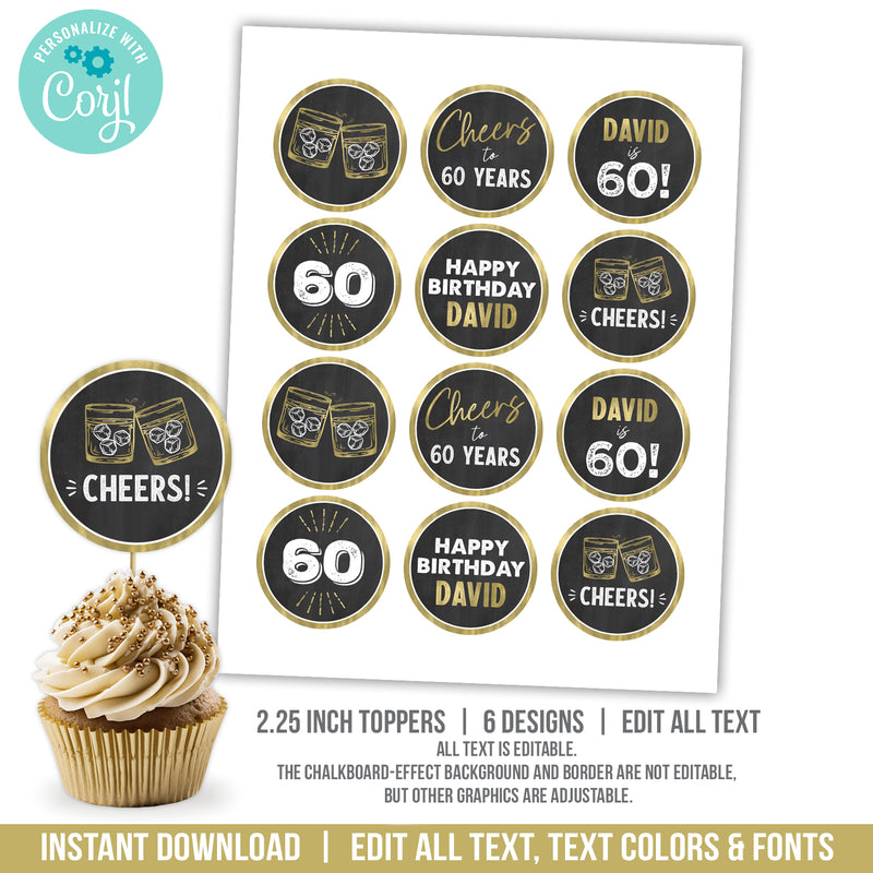 Editable Whiskey 60th Birthday Cupcake Toppers or Slider Toppers. Custom 60th Party Decorations