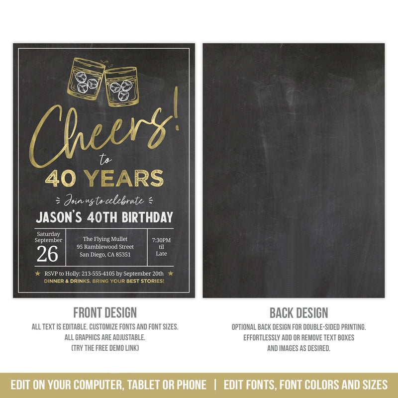 Editable Whiskey Birthday Invitation for a 40th Birthday or Any Age. Cheers Whiskey Party Digital Invite