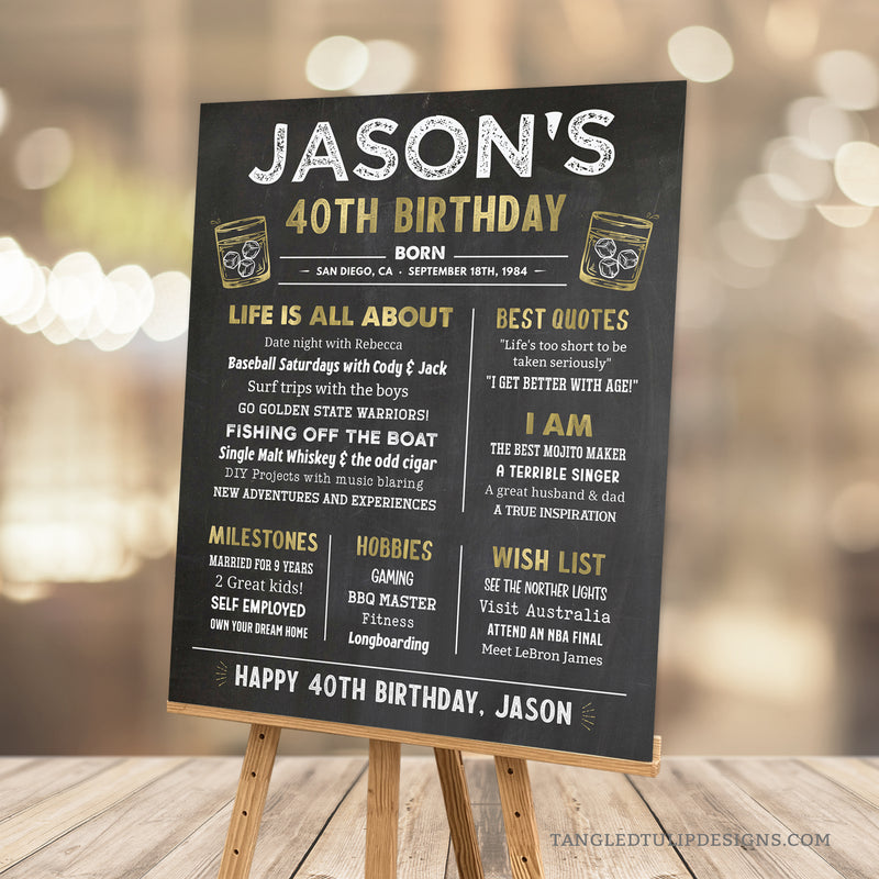 This editable Birthday Milestones sign is a great addition to a whiskey lover's birthday decorations. Raise gold whiskey glasses against a classic chalkboard background, with gold and chalk white accents. Instant Download and Edit in Corjl. By Tangled Tulip Designs.