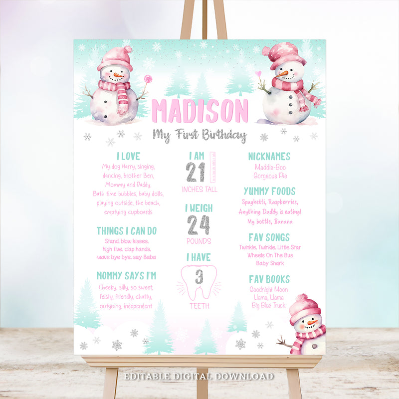 Winter First Birthday Milestone Poster in a pretty Winter theme, with cute snowmen in the snow. Perfect for Winter theme 1st birthday decorations. Instant Download and Editable in Corjl. By Tangled Tulip Designs.