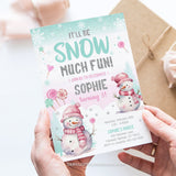 Winter theme snowman birthday invitation for girls, with cute snowmen, snowflakes and candy lollipops in the snow. Glitter silver accents. It'll be snow much fun! Tangled Tulip Designs - Birthday Invitations