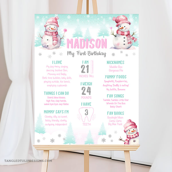 An editable Winter ONEderland First Birthday Milestone Poster in a pretty Winter theme, with cute snowmen in the snow. Perfect for Winter theme 1st birthday decorations. Instant Download and Editable in Corjl. By Tangled Tulip Designs.