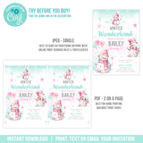 Winter Wonderland Birthday Invitation Template Editable Snowman Pink Party Invite