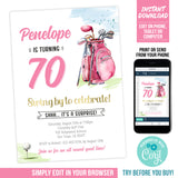 Editable Golfer 70th Birthday Invitation, Woman Golf Theme Surprise Party Invite, Pink