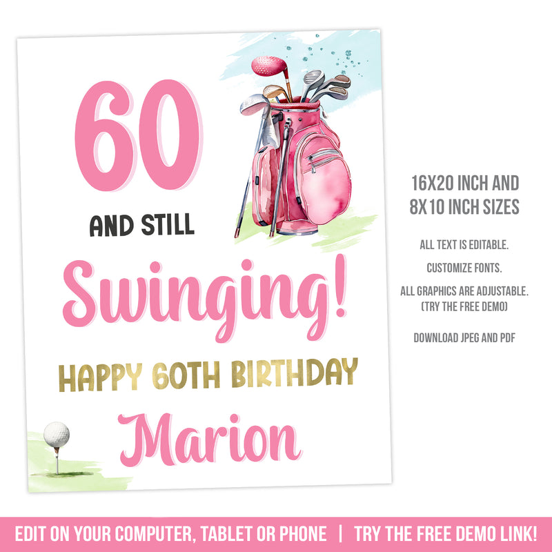 Editable Woman Golfer 60th Birthday Sign, 60 and Still Swinging Happy 60th Birthday Digital Sign