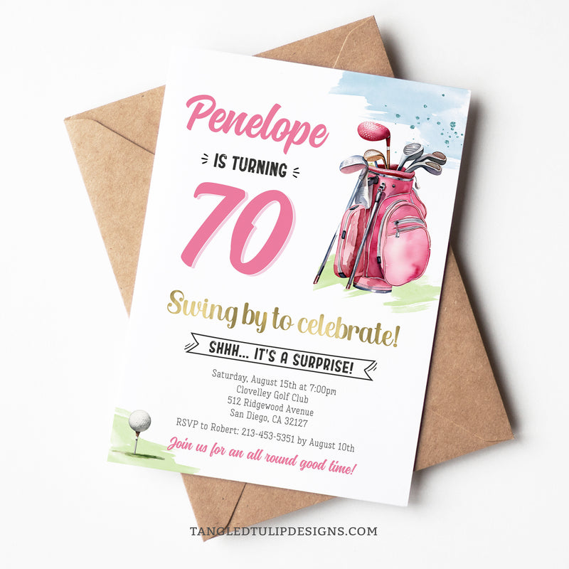 An editable Golfer 70th Birthday invitation for a woman celebrating with a golf themed surprise party. Featuring a pink golf bag and golf ball on the tee.