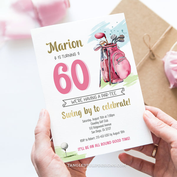 A woman golfer 60th Birthday invitation for her golf themed birthday party. Featuring a pink golf bag and golf ball on the tee. Editable invitation template.