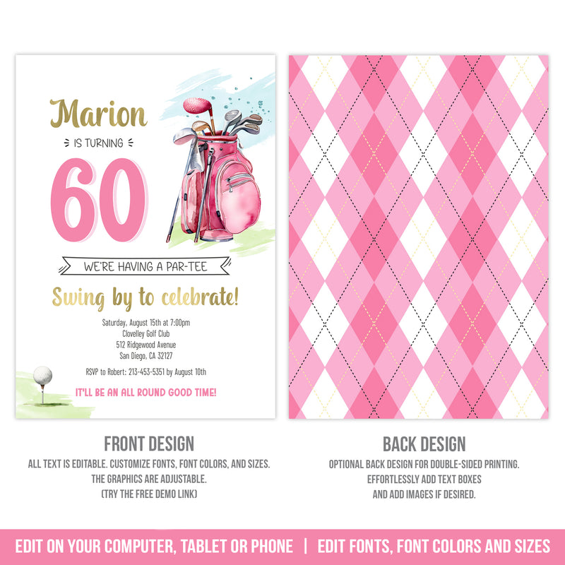 Editable Woman Golfer 60th Birthday Invitation Template, Golf Theme Digital Party Invite