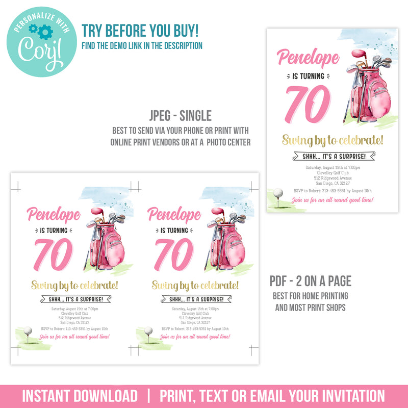 Editable Golfer 70th Birthday Invitation, Woman Golf Theme Surprise Party Invite, Pink