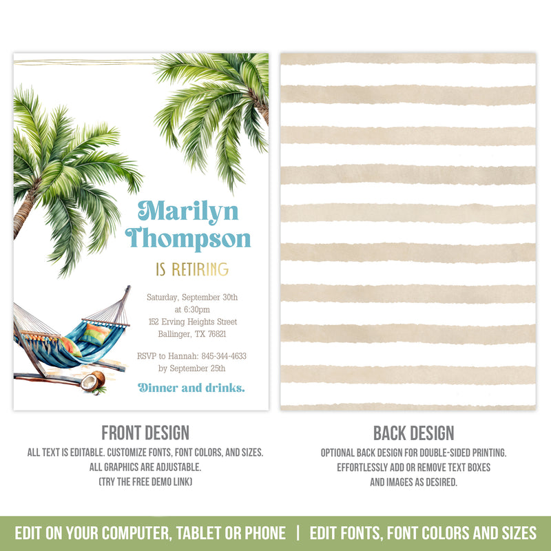Tropical Retirement Party Invitation Template Palm Trees Hammock