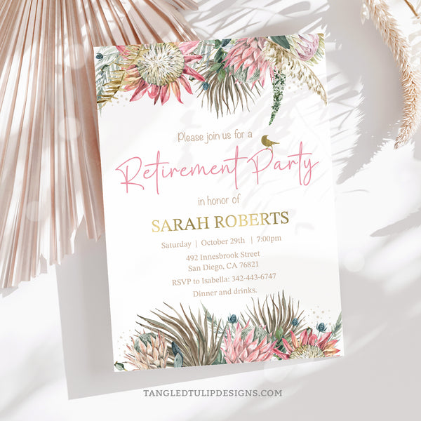 Retirement party invitation for a woman, in a pretty boho floral design, with watercolor proteas and other flowers, and gold accents. Perfect for a woman who's retiring. By Tangled Tulip Designs.