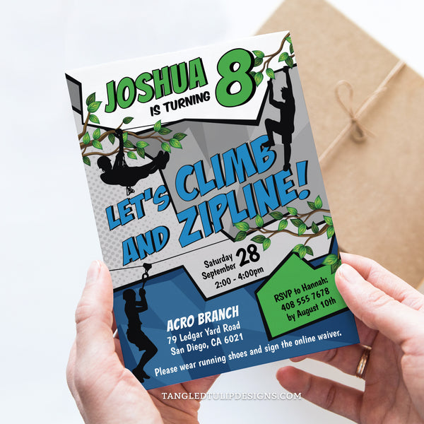 Editable climb & zipline birthday invitation, featuring a vibrant comic style design with boys ziplining and climbing all over this invite! Get ready for an outdoor adventure obstacles birthday party. Tangled Tulip Designs - Birthday Invitations