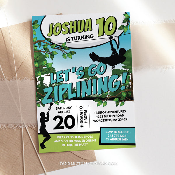 Get ready to zip into birthday fun! This editable ziplining invitation features boys ziplining all over, setting the scene for an outdoor thrill-seeker's party. In a cool teal and lime color scheme. Tangled Tulip Designs - Birthday Invitations