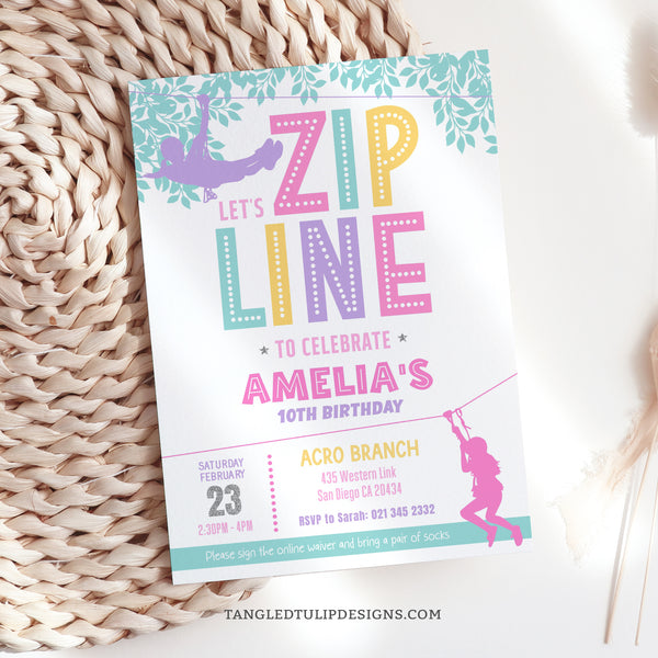 An editable party invitation for zip line party fun! Featuring a delightful pastel color scheme with girls ziplining through the trees, this invitation promises an action-packed party to remember. Tangled Tulip Designs - Birthday Invitations