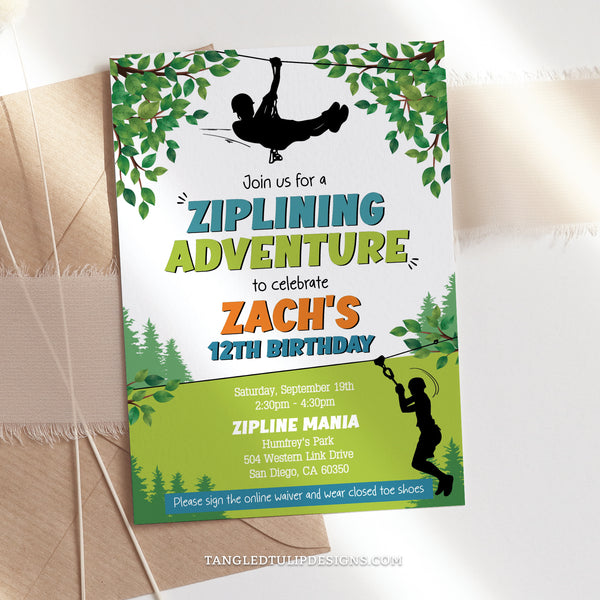 This editable birthday party invitation in a vibrant lime green design, features boys ziplining through the trees, promising an adrenaline-filled zipline party. Tangled Tulip Designs - Birthday Invitations