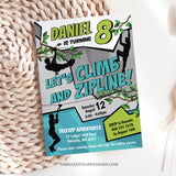 A ziplining birthday invitation with boys ziplining and climbing all over this invite! Get the excitement going for an outdoor adventure zipline party. Tangled Tulip Designs - Birthday Invitations