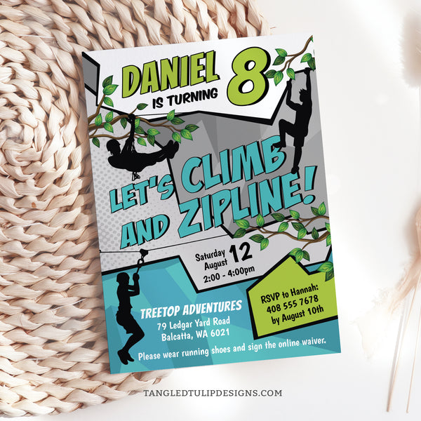 A ziplining birthday invitation with boys ziplining and climbing all over this invite! Get the excitement going for an outdoor adventure zipline party. Tangled Tulip Designs - Birthday Invitations