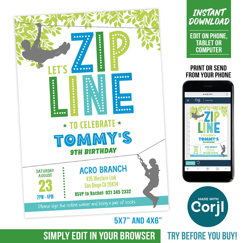 Zipline Party Invitation for Boys. EDITABLE Ziplining Birthday Invite. Edit in Corjl BZ1