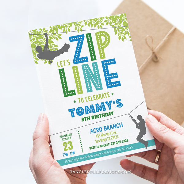 An editable party invitation for zipline party fun! Featuring a blue, green and teal color scheme with boys ziplining through the trees, this invitation promises an action-packed party to remember. Tangled Tulip Designs - Birthday Invitations