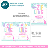 Editable Zipline Party Invitation, Girl Editable Ziplining Birthday Invite, pretty pastels