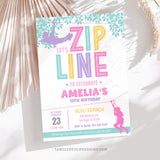 An editable party invitation for zipline party fun! Featuring a delightful pastel color scheme with girls ziplining through the trees, this invitation promises an action-packed party to remember. Tangled Tulip Designs - Birthday Invitations