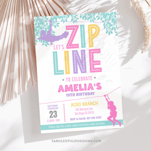 An editable party invitation for zipline party fun! Featuring a delightful pastel color scheme with girls ziplining through the trees, this invitation promises an action-packed party to remember. Tangled Tulip Designs - Birthday Invitations