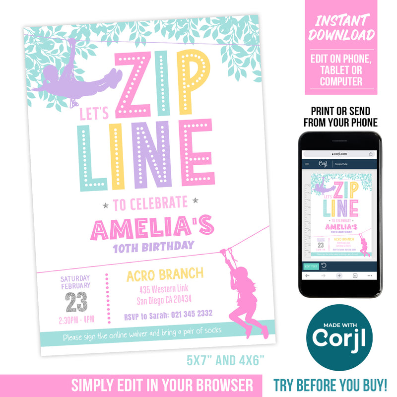 Zipline Party Invitation for Girls. EDITABLE Ziplining Birthday Invite in Pastel Colors. Edit in Corjl JUM1