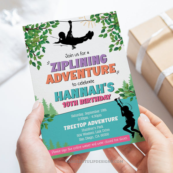 ziplining birthday invitation for an outdoor adventure party, with girls ziplining in a pretty forest scene. Tangled Tulip Designs - Birthday Invitations