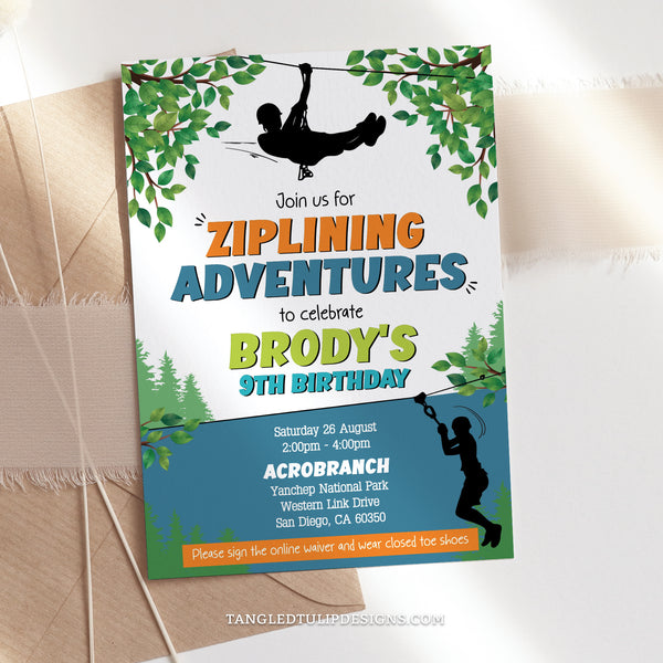 Editable zipline party invite features boys ziplining through the treetops, promising an action-packed ziplining adventure birthday party. Tangled Tulip Designs - Birthday Invitations