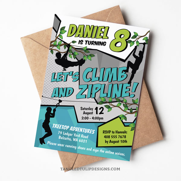 A ziplining birthday invitation with boys ziplining and climbing all over this invite! Tangled Tulip Designs - Birthday Invitations